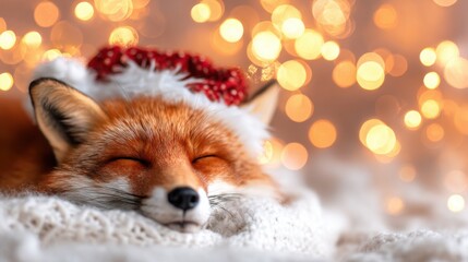 Fototapeta premium Fox resting with a festive hat in front of bright holiday lights