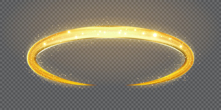Golden angel halo. Elegant and ethereal shining gold-colored ring for spiritual, religious, or fantasy designs. Radiant circular glow vector illustration with gradient mesh and overlay effects