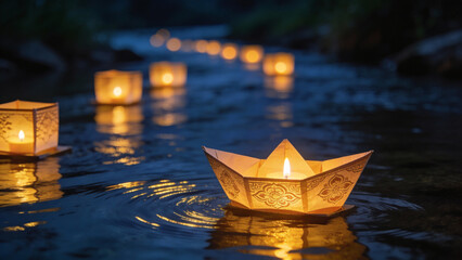 Decorative paper lantern boats floating on river water at night  