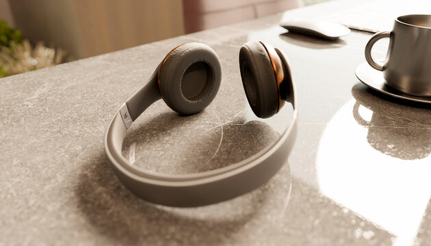 Headphone and coffee cup on marble table in modern office workspace