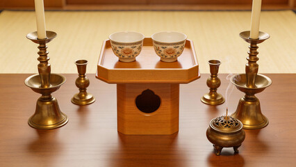 Wooden tea set with candles and incense on a traditional table  