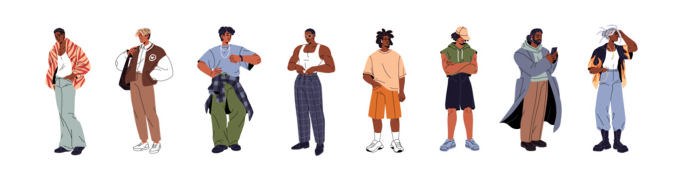 Fashion African American men set. Happy black boys are wearing stylish clothes. People in different trendy casual looks with accessories. Flat isolated vector illustrations on white background