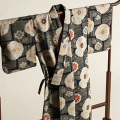 Traditional Japanese kimono with floral patterns hanging on a rack  