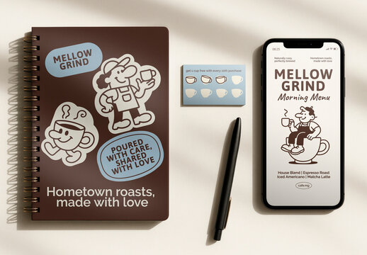 Coffee Themed Stationery And Mobile Screen Mockup PSD