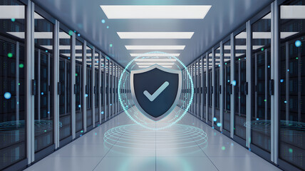 A secure server room with a shield and checkmark symbolizing protection