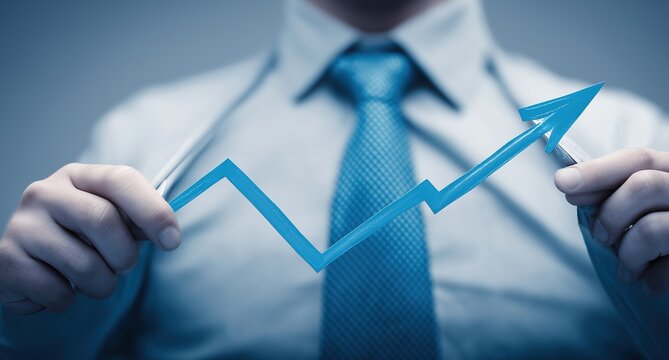 Corporate professional presenting a bar chart with rising columns, on minimalist blue backdrop with space, for annual reports or business analytics. - Powered by Adobe