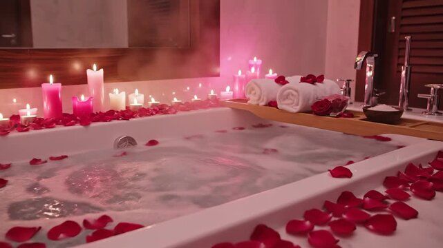 romantic bathroom setting with burning candles and red rose petals scattered around white bathtub. luxury spa atmosphere. valentine's day celebration. honeymoon concept, greeting card background.
