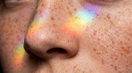 Fototapeta premium Close-up of Freckled Skin with Rainbow Light Reflection