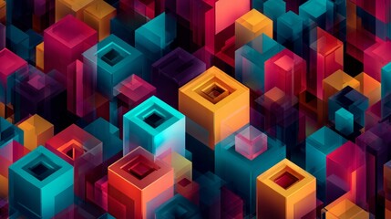 Dynamic abstract design with vibrant 3d cube shapes in multiple colors, creating a modern geometric pattern with depth, motion, and striking visual impact for digital art and creative projects