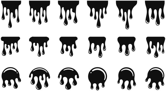 Set of black dripping liquid silhouettes and melting paint drops, vector illustration for street art, graffiti style, urban design, slime effects, creative fluid, and professional graphic resources.