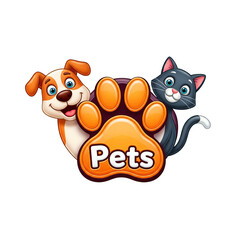 A cartoon plastic style logo for pets with a dog, a cat, and a paw print