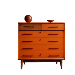 Retro 1970s bright orange laminate dresser with chunky drawer pulls isolated on a empty plain background