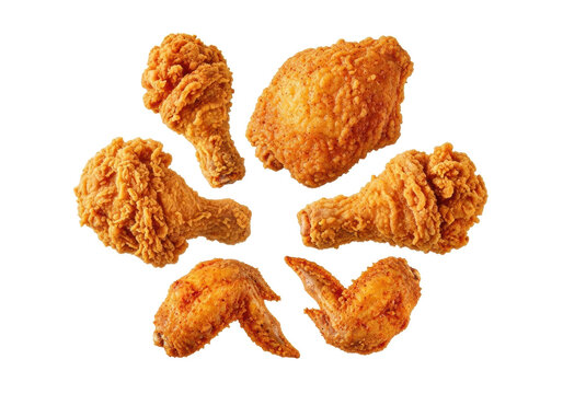 Golden-brown crispy fried chicken drumsticks, thighs, and wings with spicy crust against a transparent background, appearing to float. Concept for fast food advertising