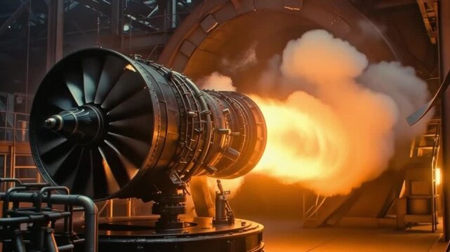 A powerful jet engine undergoing a full-throttle test, emitting intense flames and smoke in an industrial facility.