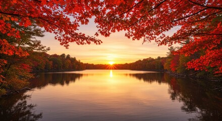 A serene lake at sunset, surrounded by trees with vibrant red leaves