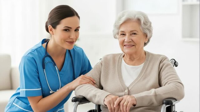 young caucasian nurse in blue uniform hugging senior disabled woman in wheelchair. medical care and assistance concept. healthcare, hospital 