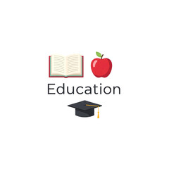 A minimalist flat design logo for education with an open book, an apple, and a graduation cap