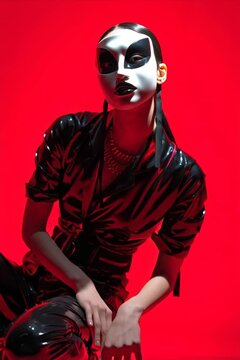 Asian Cyberpunk Woman Dancing in Black Latex with Mask in Berlin, Red Neon Background
