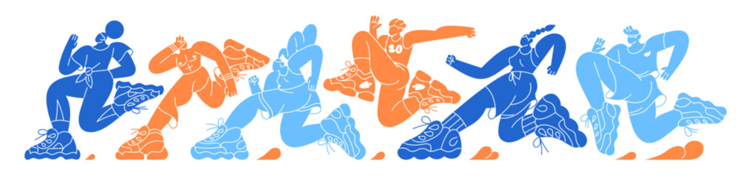 Colourful shadows of runners' group in sports competition. Silhouettes of running joggers. Athletes are jogging in marathon, rushing to finish. Flat isolated vector illustration on white background