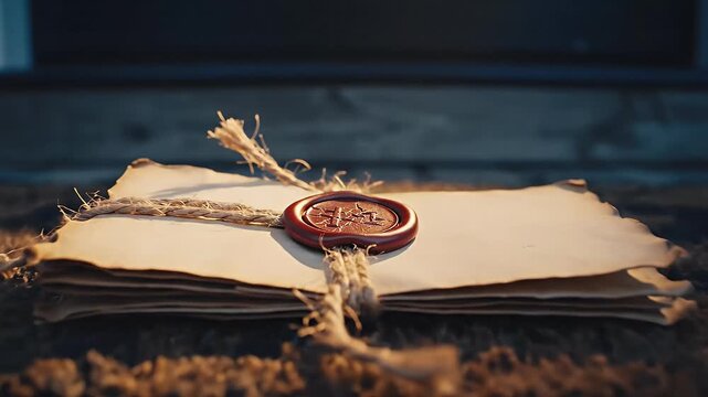 Vintage letter and seal on wooden surface