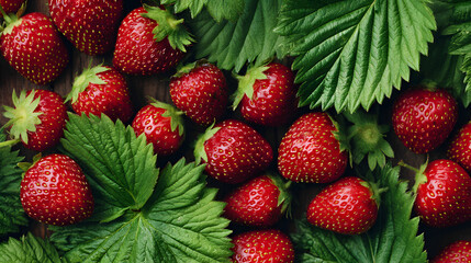 Top view of ripe red strawberries and green leaves from strawberry farm, symbolizing organic harvest, natural food and seasonal freshness