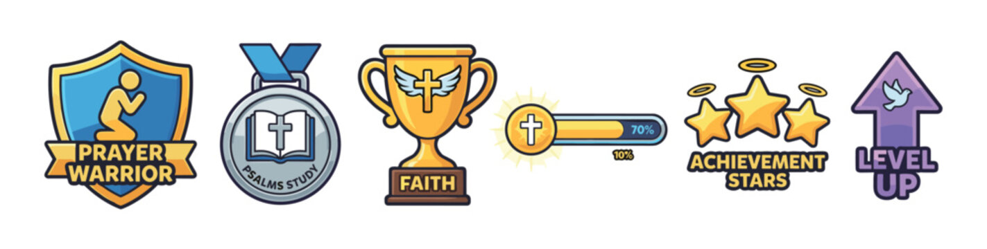 Collection of religious video game achievement badges featuring a prayer shield, bible medal, faith trophy, cross progress bar, halo stars, and a level up arrow with a dove