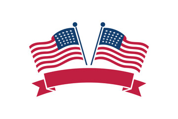 Two American Flags with Red Ribbon Banner