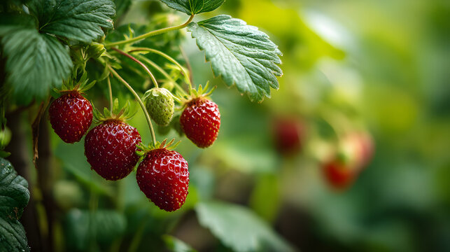 Strawberries growing on bush at strawberry farm with ripe red berries and green leaves, symbolizing organic farming, harvest and natural food - Powered by Adobe