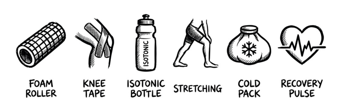 Set of hand-drawn sports recovery icons showing a foam roller, knee tape, isotonic drink, stretching, cold pack, and recovery pulse symbol in a simple sketch style