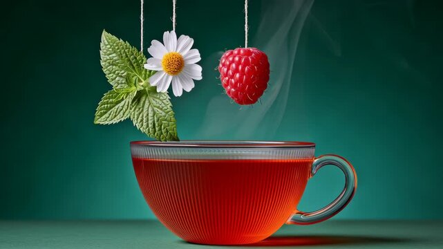 Vibrant cup of herbal tea with fresh mint, raspberry, and daisy flowers suspended above, showcasing the infusion process and colorful ingredients in a visually appealing arrangement