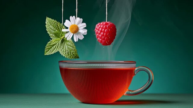Vibrant tea cup with steaming red liquid showcasing fresh mint leaves, a daisy flower, and a raspberry suspended above, illustrating the infusion process in a visually appealing manner