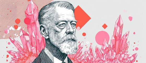 Senior man with beard and crystals, abstract concept of wisdom, growth, and discovery