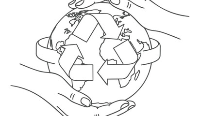 Hands holding a globe wrapped in recycling symbols representing eco friendly earth care