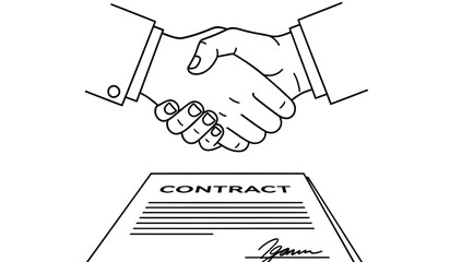 Business partnership handshake over a contract agreement with signature on white background