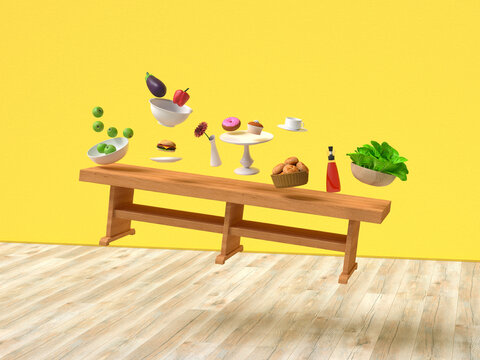 3d rendering of floating kitchen food objects symbolizing balance at home