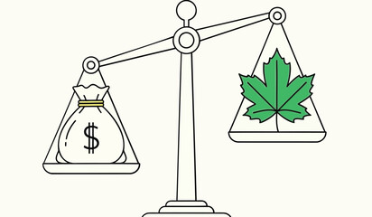 Money bag with dollar sign balanced against cannabis leaf on scale symbolizing value comparison