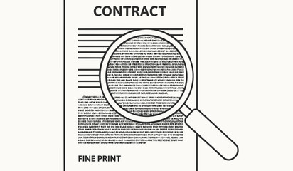 Magnifying glass examines contract fine print closely symbolizing scrutiny and detailed review