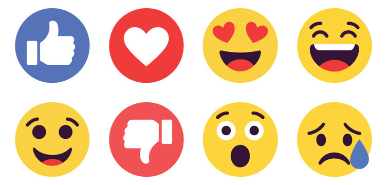 Set of social media reaction emoji icons, including like, love, dislike, laugh, cry, sad, wow, heart eyes, vector illustrations for digital messaging, chat applications, and high ranking design 