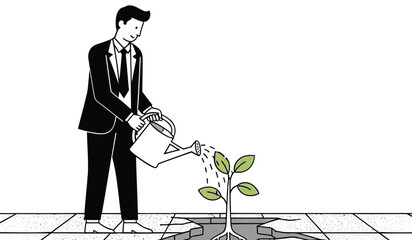 Businessman in suit watering a small plant growing out of cracked pavement with a watering can