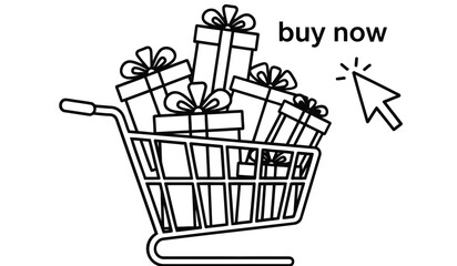 Shopping cart filled with gift boxes and presents online buying concept