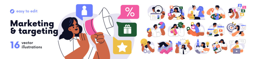 Marketing strategy, targeting concept set. Data analysis, project research, business communication. Ideas, digital content, ad campaign. Flat graphic vector illustrations isolated on white background