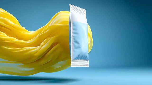 Colorful packaging floating amidst flowing yellow fabric, showcasing dynamic movement and visual appeal, emphasizing product design and vibrant colors in a captivating display of motion and texture