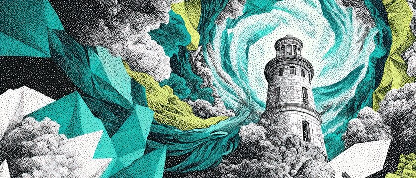 Lighthouse in surreal vortex, abstract geometric landscape, fantasy storm, digital art Concept of guidance, mystery, and adventure