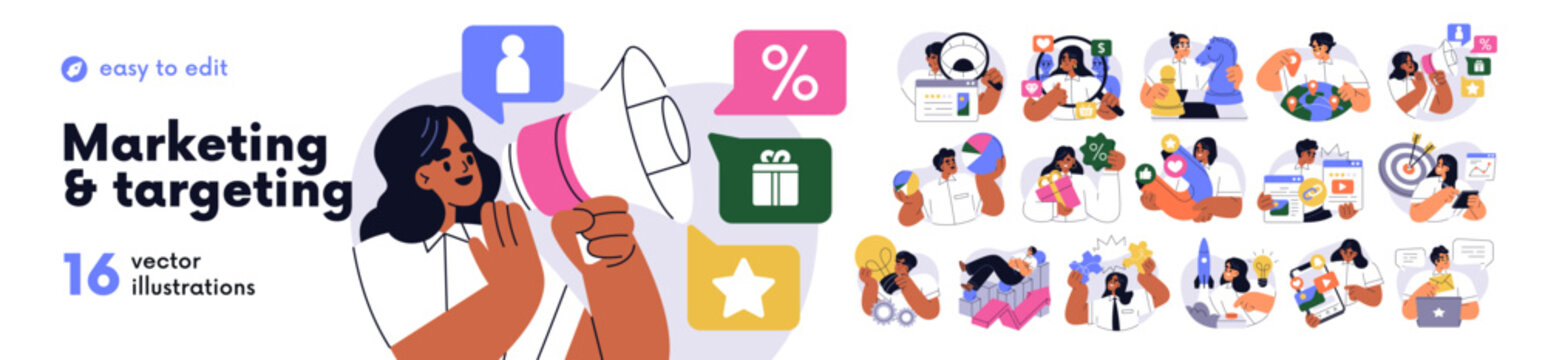 Marketing strategy, targeting concept set. Data analysis, project research, business communication. Ideas, digital content, ad campaign. Flat graphic vector illustrations isolated on white background