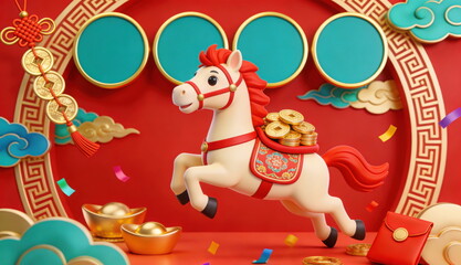 3D Rendered Illustration of a Festive Year of the Horse Scene with a Galloping Horse, Golden Ingots, and Auspicious Clouds on a Red Background, Symbolizing Prosperity and Good Luck
