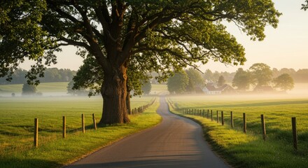 A serene landscape with a winding road through a lush green field lined with trees and a wooden fence under a clear sky