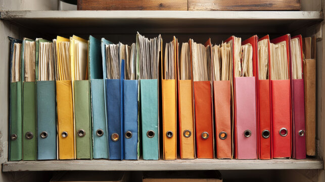 Colorful folders arranged neatly on a shelf, showcasing a variety of hues and textures, representing organization and documentation in a workspace environment
