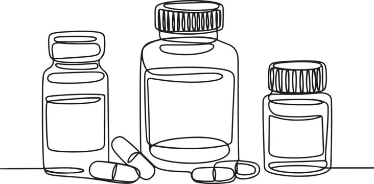 Various medicine bottles and capsules in one line art style.one line vector illustration with out background