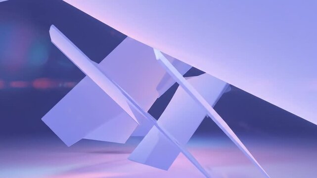 Abstract shapes intersect in a purple gradient background with geometric forms.