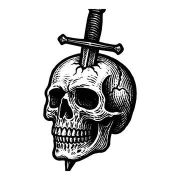 Vintage skull with sword illustration: detailed skull with blade.